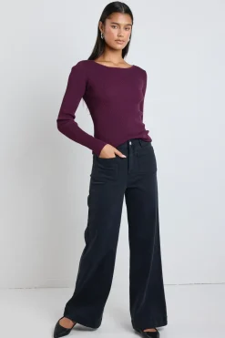 Stories be Told Action Burgundy Boatneck Rib LS Knit Top