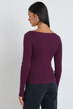 Stories be Told Action Burgundy Boatneck Rib LS Knit Top