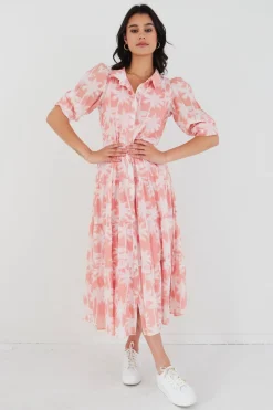 By Rosa. Adair Blush Palms Tiered Shirt Style Maxi Dress