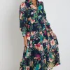 By Rosa. Adair Navy Vibrant Floral Long Sleeve Tiered Shirt Style Maxi Dress