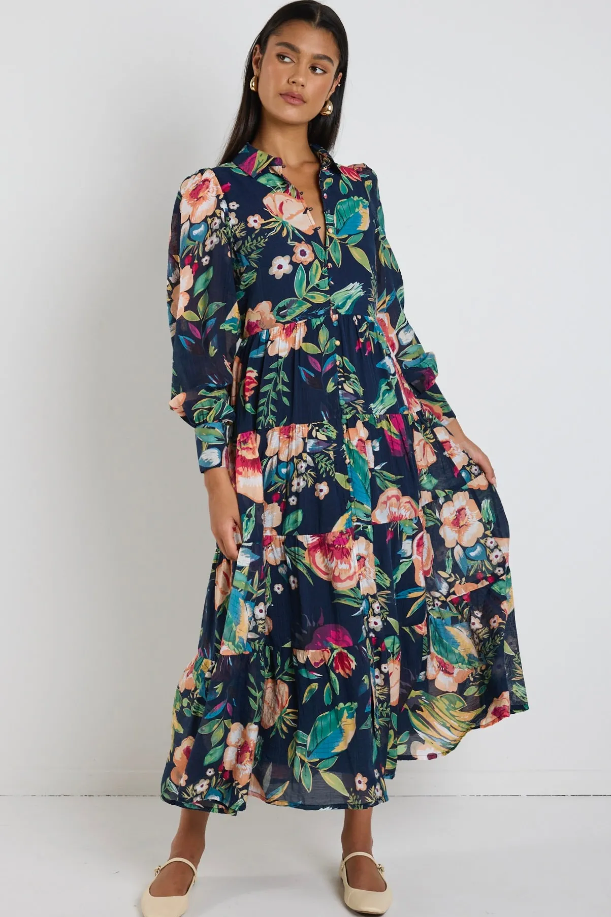 By Rosa. Adair Navy Vibrant Floral Long Sleeve Tiered Shirt Style Maxi Dress