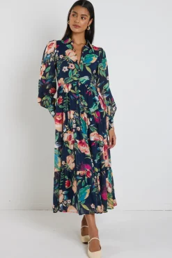 By Rosa. Adair Navy Vibrant Floral Long Sleeve Tiered Shirt Style Maxi Dress