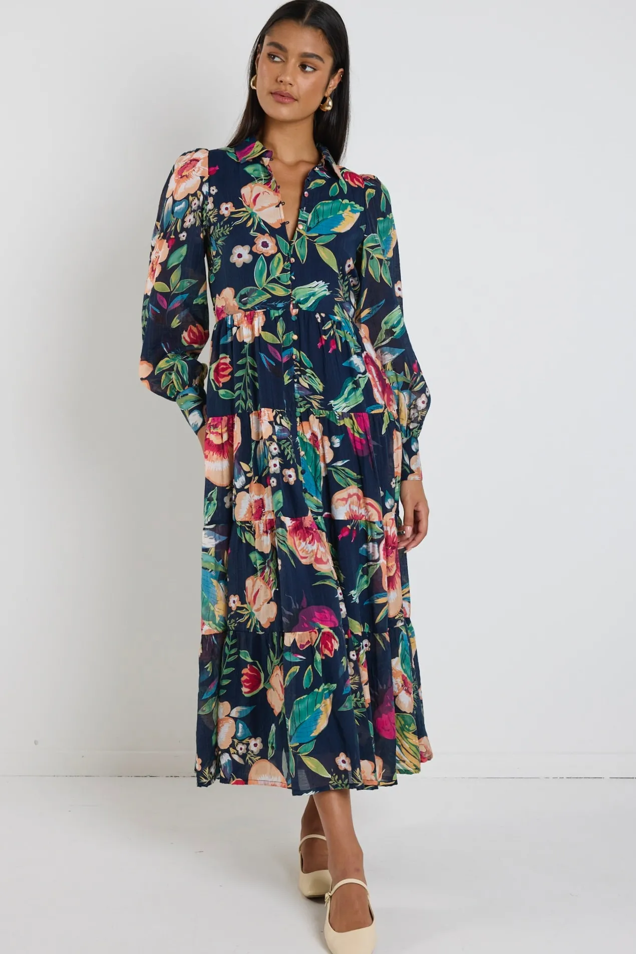 By Rosa. Adair Navy Vibrant Floral Long Sleeve Tiered Shirt Style Maxi Dress