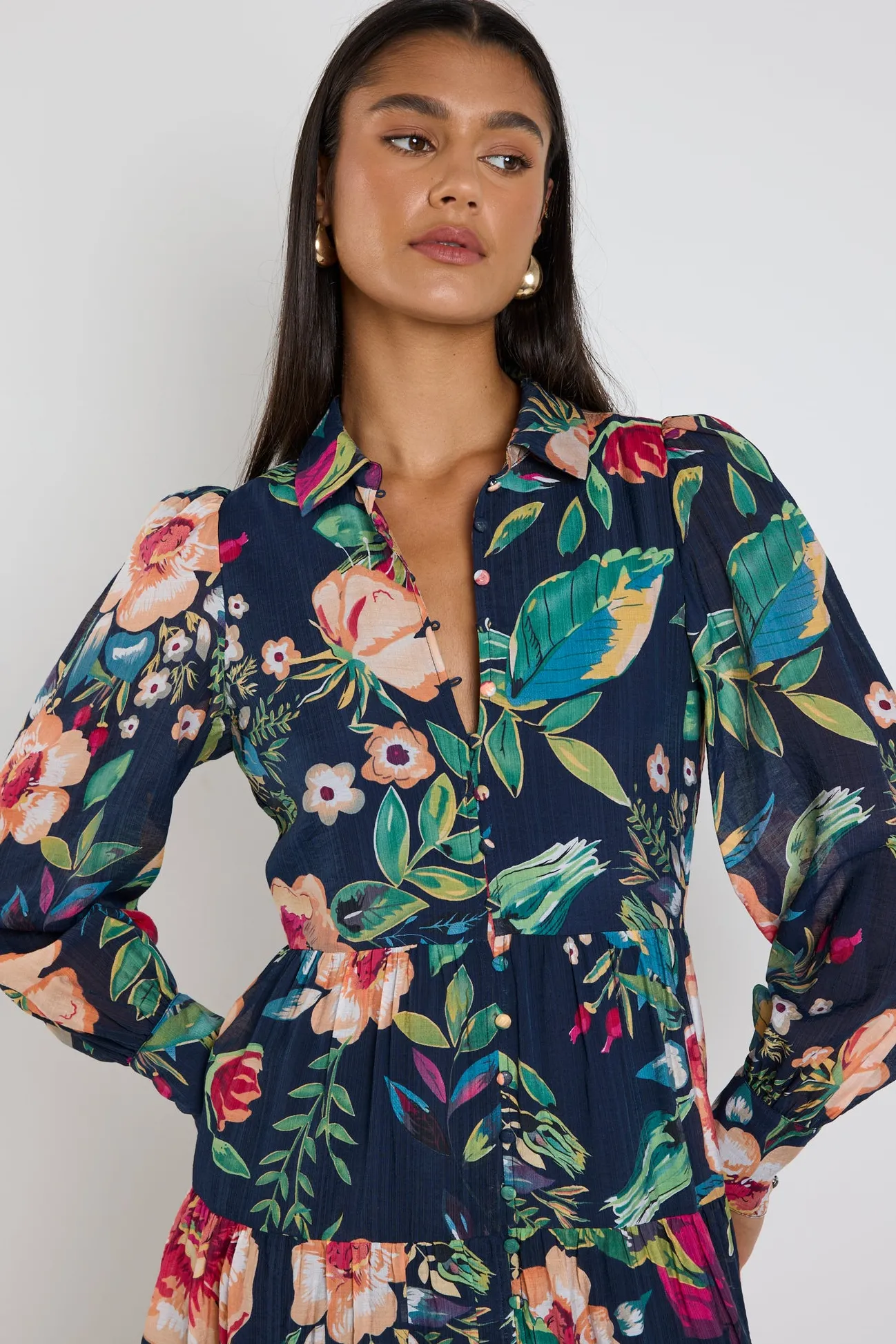 By Rosa. Adair Navy Vibrant Floral Long Sleeve Tiered Shirt Style Maxi Dress