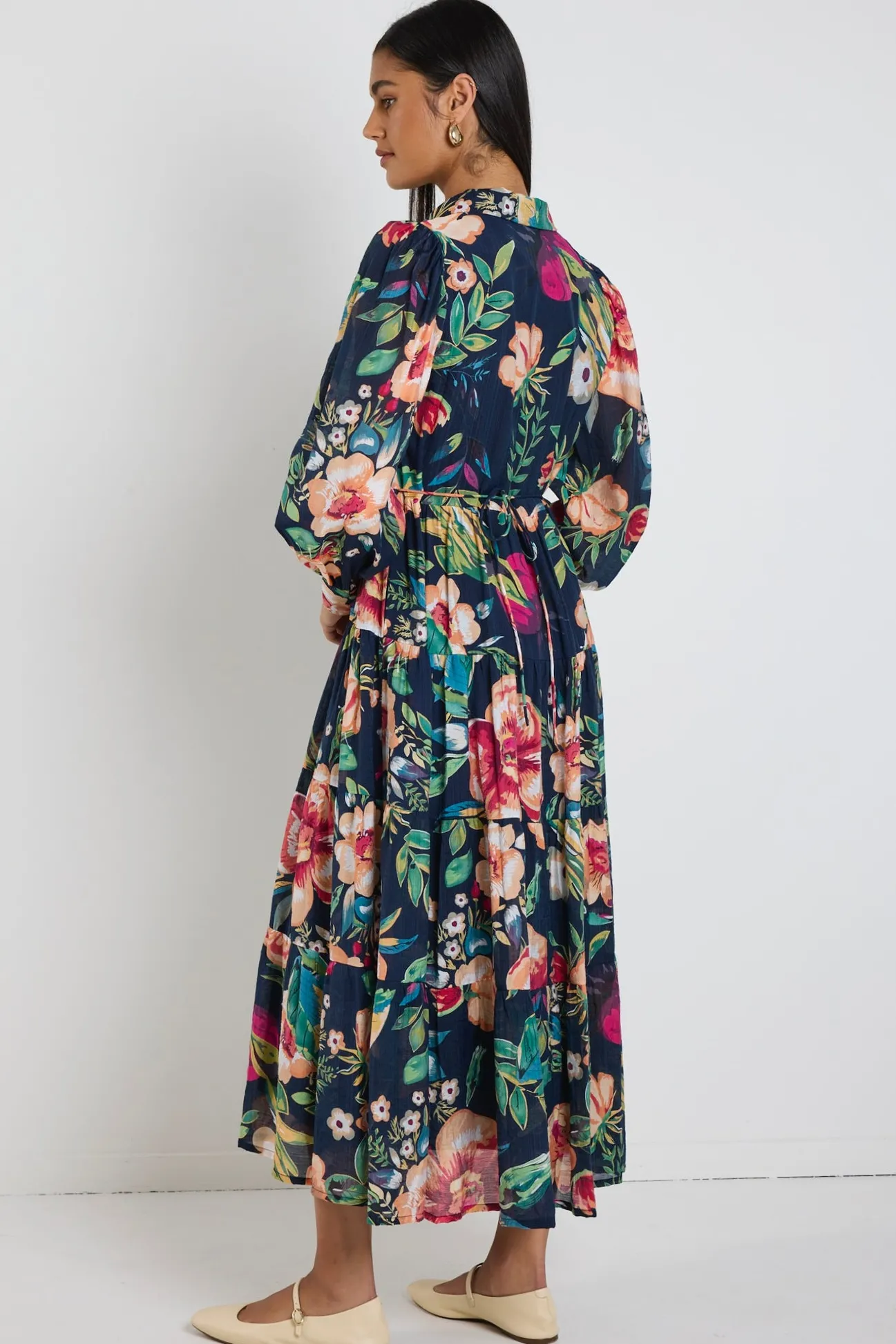 By Rosa. Adair Navy Vibrant Floral Long Sleeve Tiered Shirt Style Maxi Dress