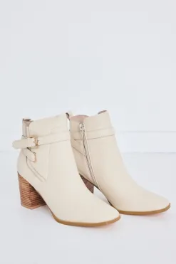 Nude Adelaide Cream Buckle Ankle Mid Heel Boot