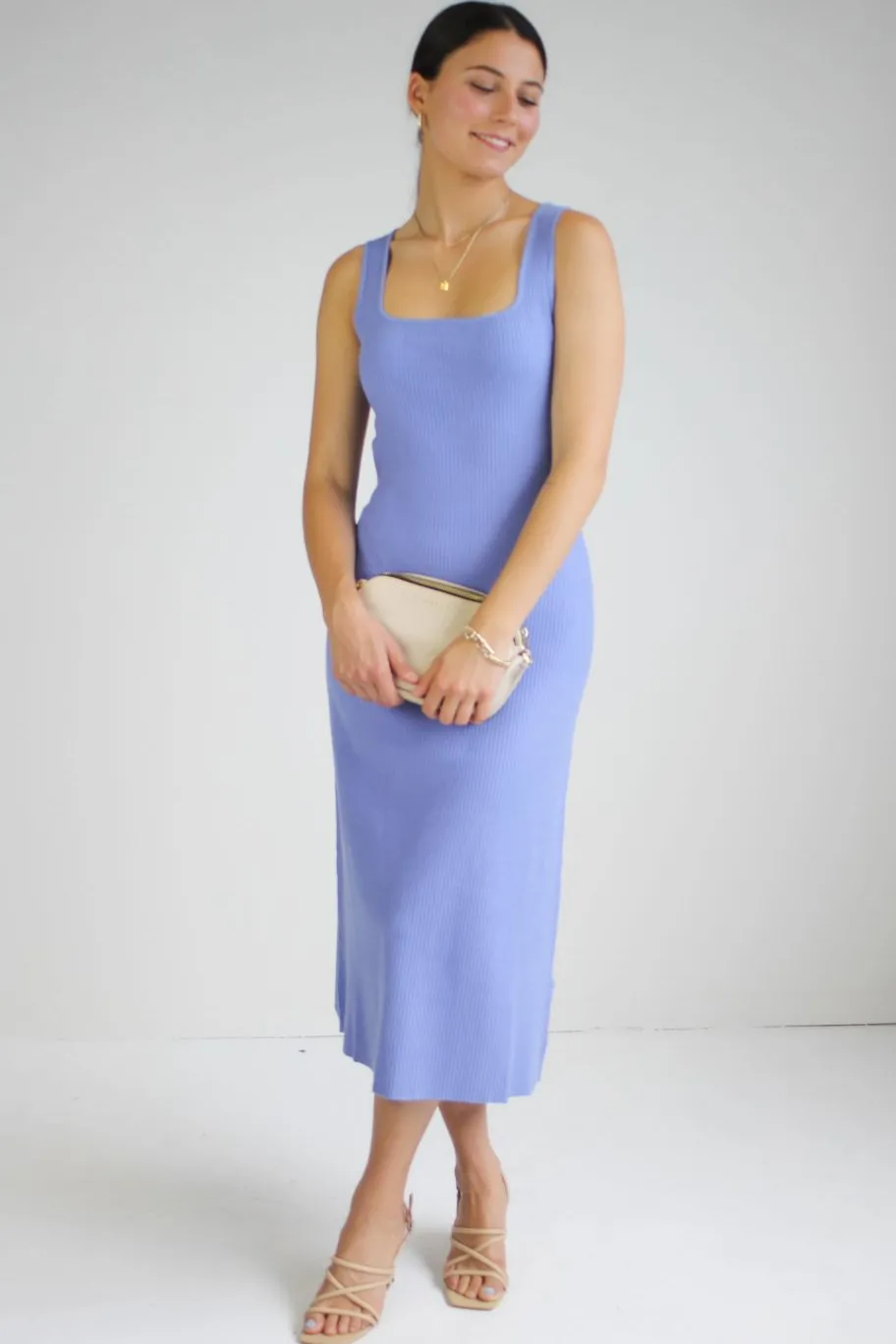 Among the Brave Adore Blue Rib Knit Scoop Neck Cut Out Tank Dress