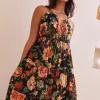 By Rosa. Affair Black Floral Cotton Strappy Tiered Maxi Dress