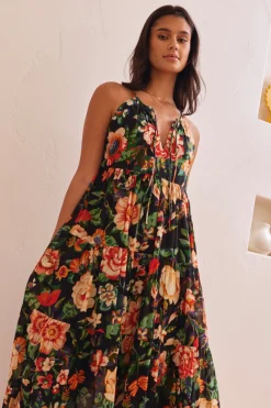 By Rosa. Affair Black Floral Cotton Strappy Tiered Maxi Dress