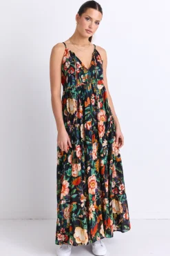 By Rosa. Affair Black Floral Cotton Strappy Tiered Maxi Dress