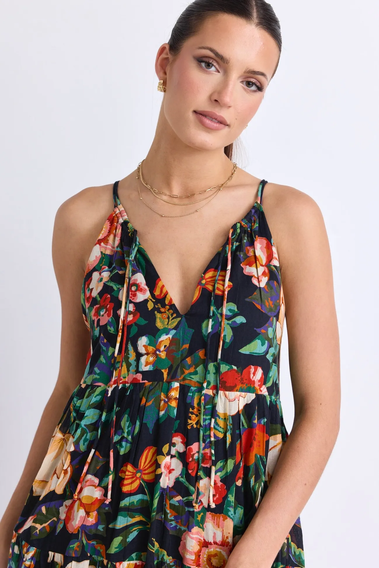 By Rosa. Affair Black Floral Cotton Strappy Tiered Maxi Dress