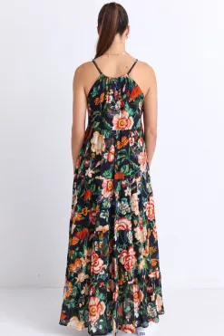 By Rosa. Affair Black Floral Cotton Strappy Tiered Maxi Dress