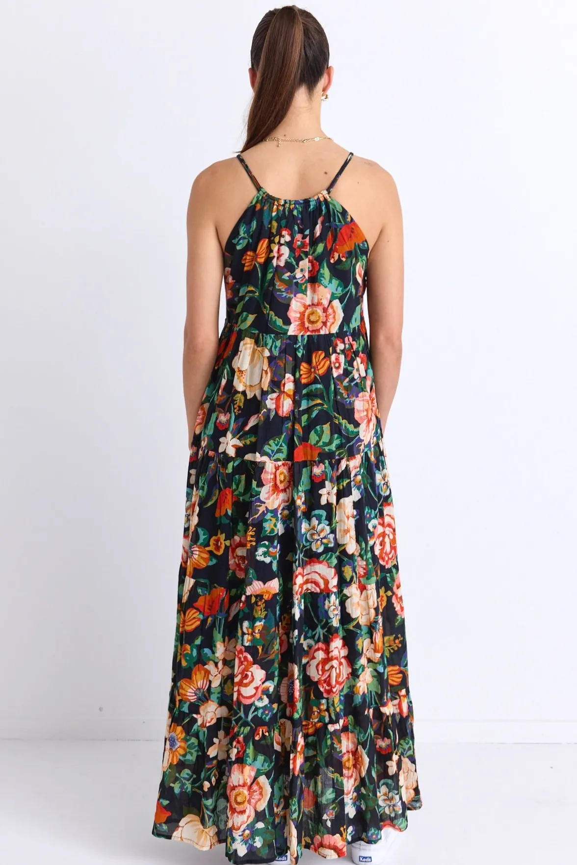 By Rosa. Affair Black Floral Cotton Strappy Tiered Maxi Dress