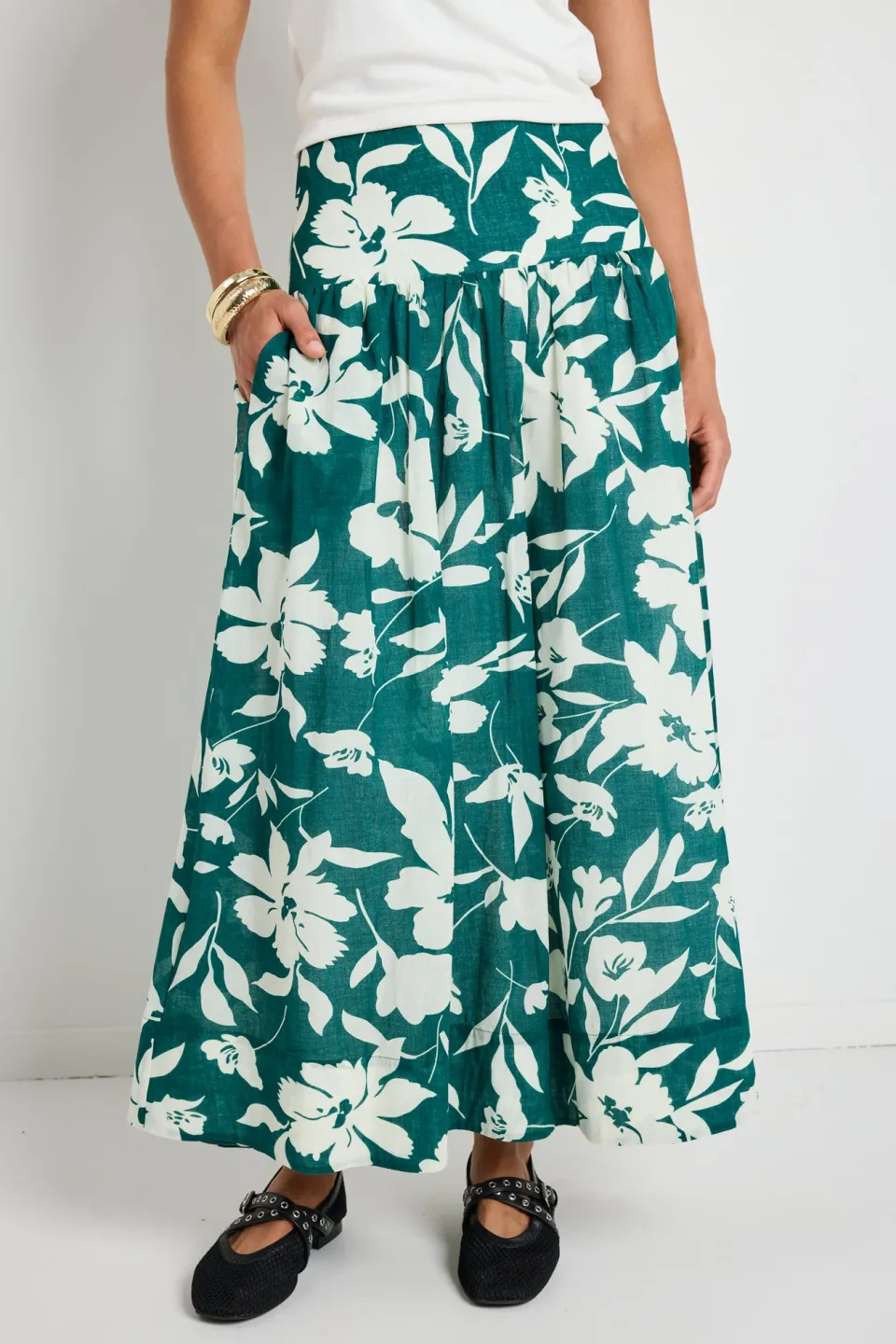 Ivy + Jack Affinity Forest Floral Shirred Back Tiered Maxi Skirt