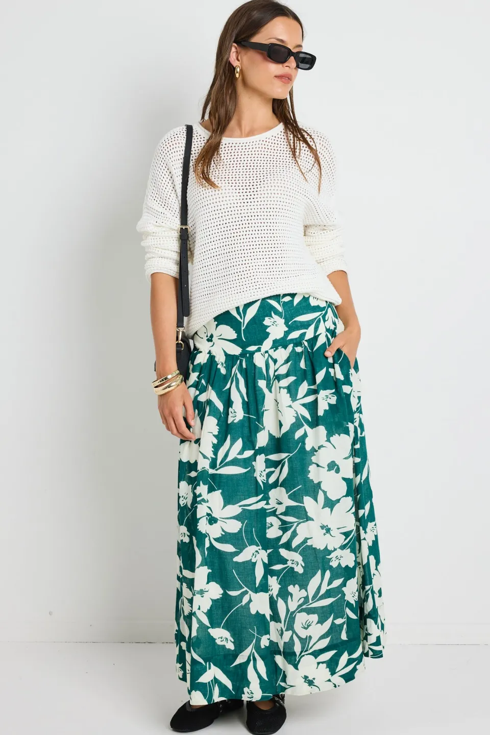 Ivy + Jack Affinity Forest Floral Shirred Back Tiered Maxi Skirt