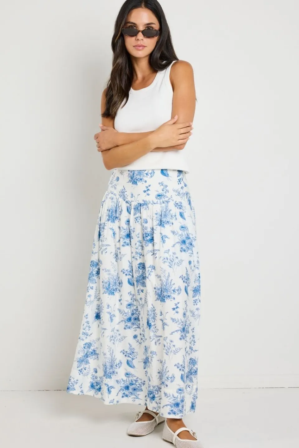 Ivy + Jack Affinity Porcelain Print Shirred Back Tiered Maxi Skirt