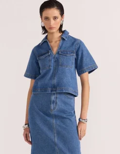 Staple The Label Alden Mid Blue Denim Crop SS Shirt
