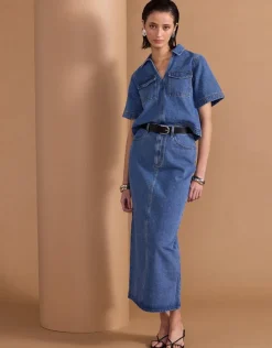 Staple The Label Alden Mid Blue Denim Crop SS Shirt