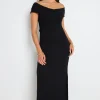 Georgia Mae Alfa Black Rib Off Shoulder SS Midi Dress