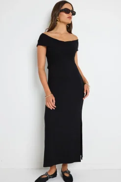 Georgia Mae Alfa Black Rib Off Shoulder SS Midi Dress