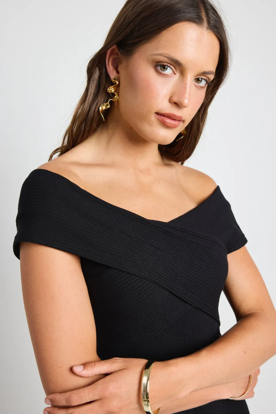 Georgia Mae Alfa Black Rib Off Shoulder SS Midi Dress