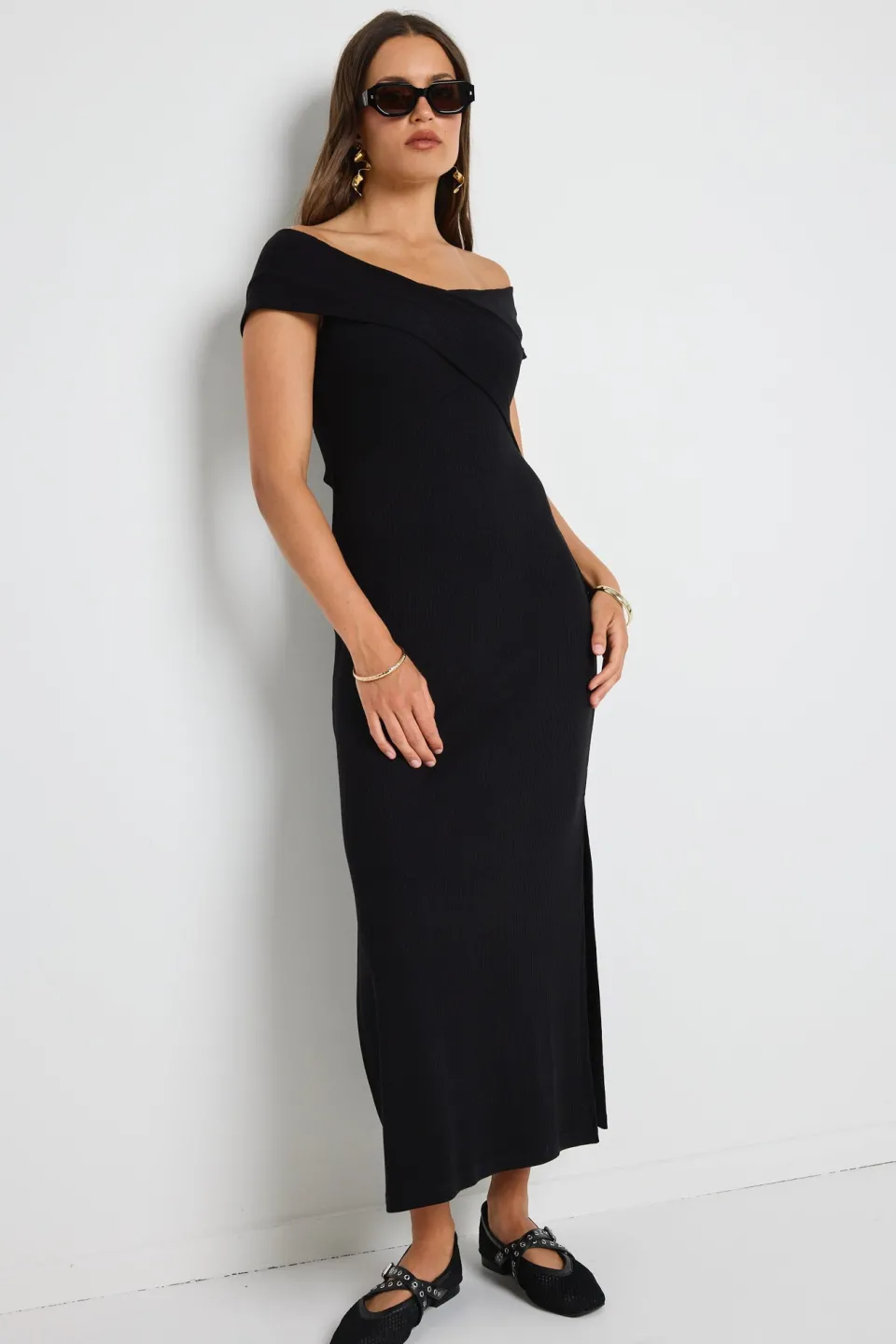 Georgia Mae Alfa Black Rib Off Shoulder SS Midi Dress