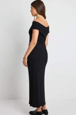 Georgia Mae Alfa Black Rib Off Shoulder SS Midi Dress