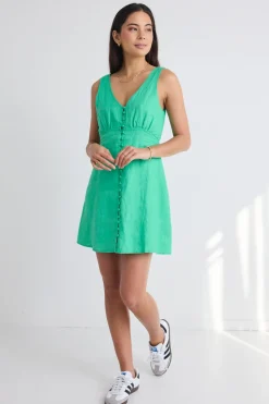 Among the Brave Allora Meadow Green Linen Sleeveless Button Front Mini Dress