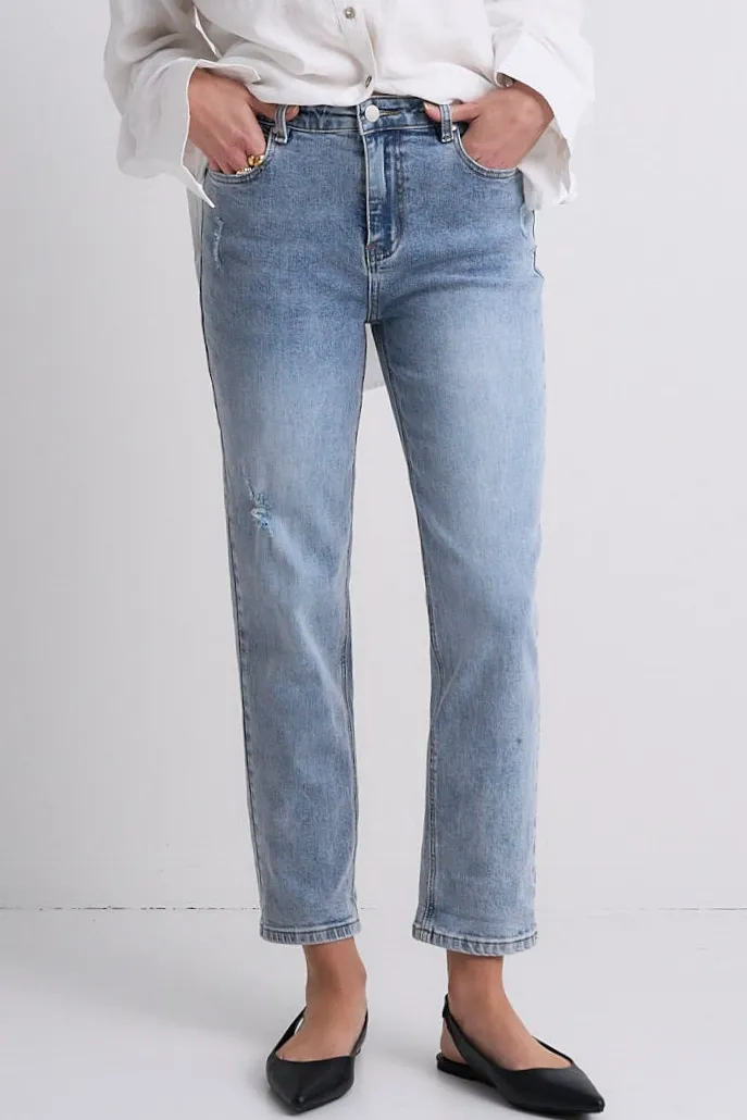 Among the Brave Amelia Mid Blue Mid Rise Slim Leg Jean
