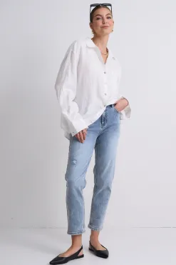 Among the Brave Amelia Mid Blue Mid Rise Slim Leg Jean