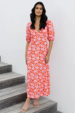 Among the Brave Amora Pink Floral Shadows SS Bias Midi Dress