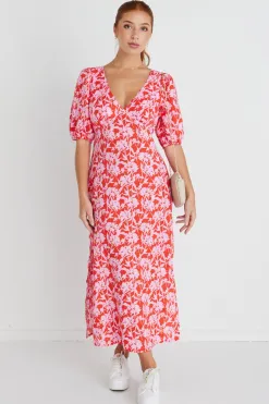 Among the Brave Amora Pink Floral Shadows SS Bias Midi Dress