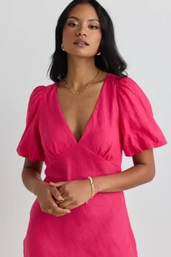 Among the Brave Amour Hot Pink Linen Bubble Sleeve Mini Dress