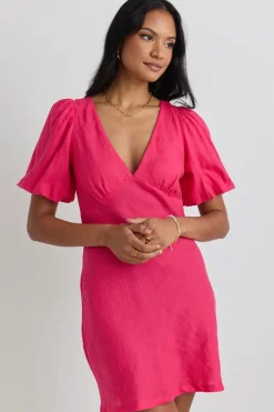 Among the Brave Amour Hot Pink Linen Bubble Sleeve Mini Dress