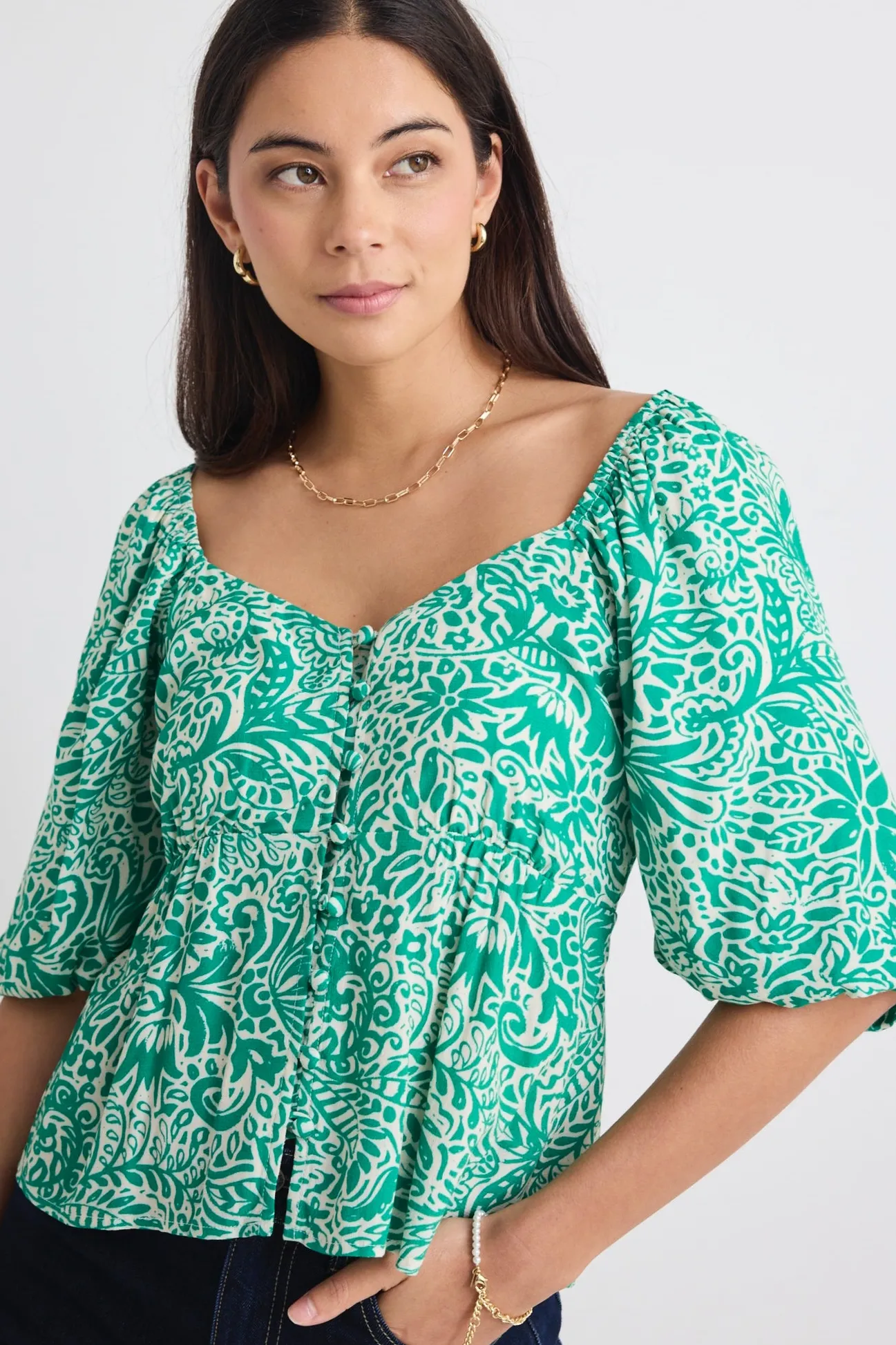 Stories be Told Amulet Green Batik Print Sweetheart Neck Short Sleeve Top