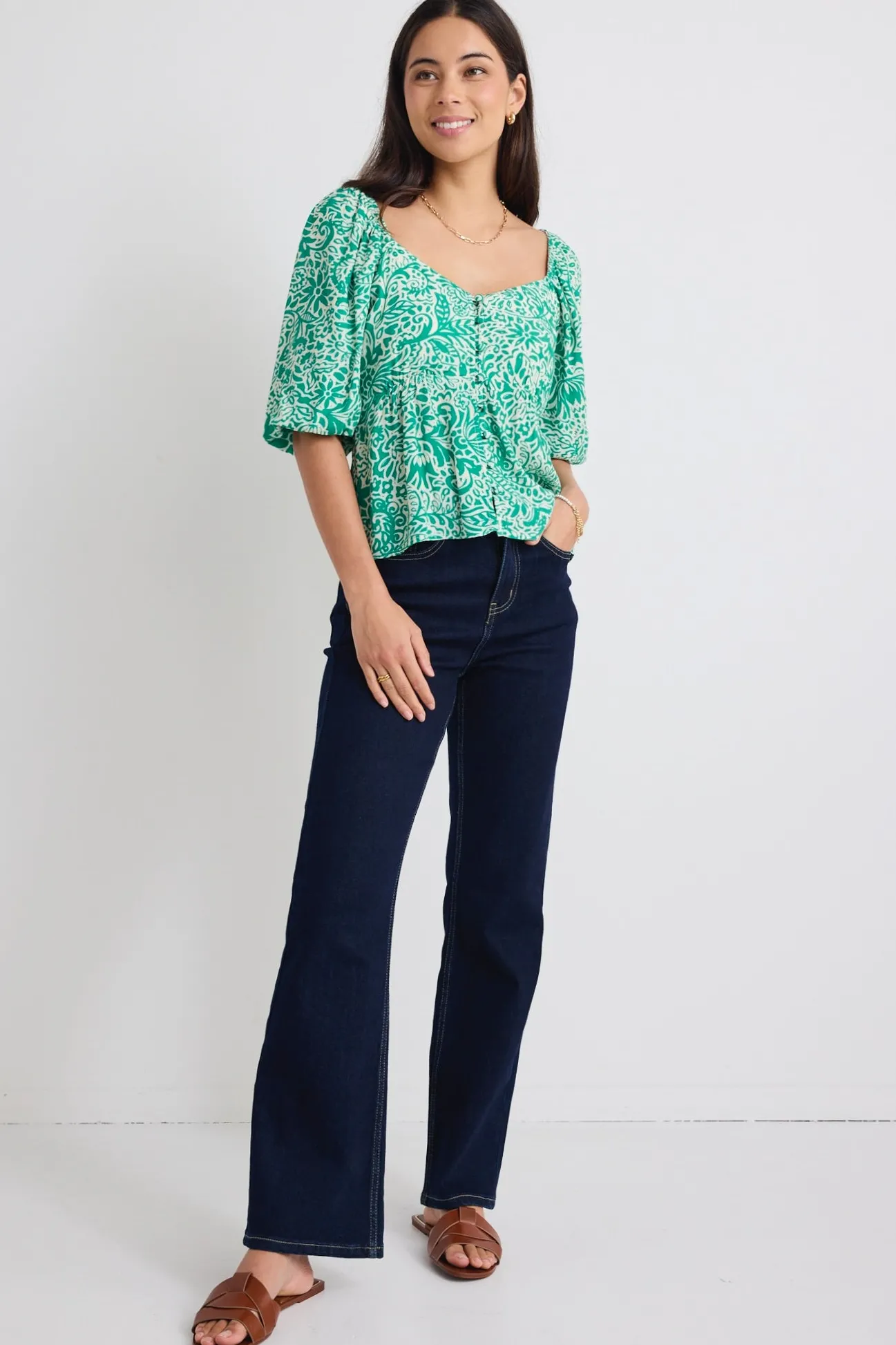 Stories be Told Amulet Green Batik Print Sweetheart Neck Short Sleeve Top