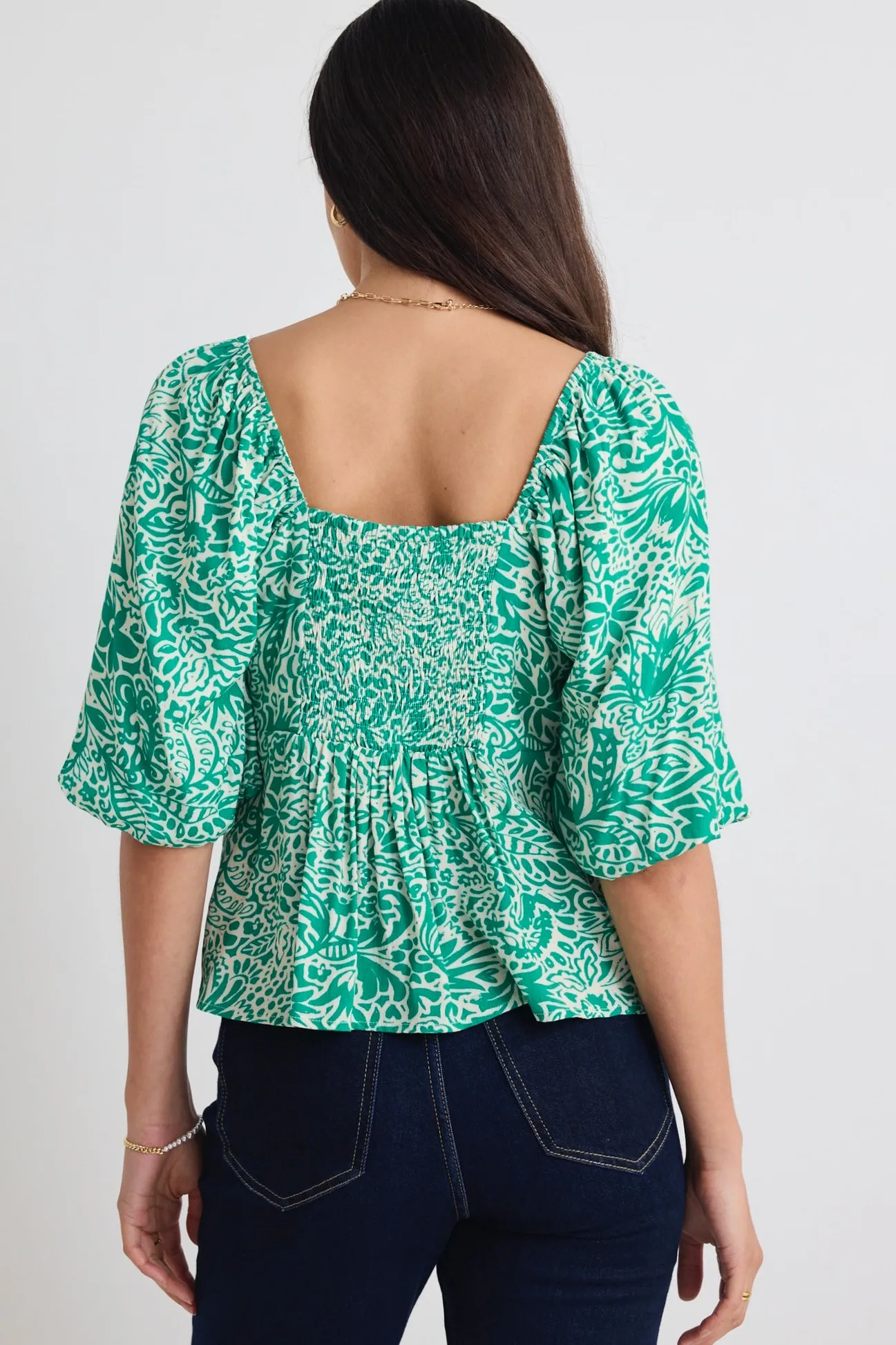 Stories be Told Amulet Green Batik Print Sweetheart Neck Short Sleeve Top