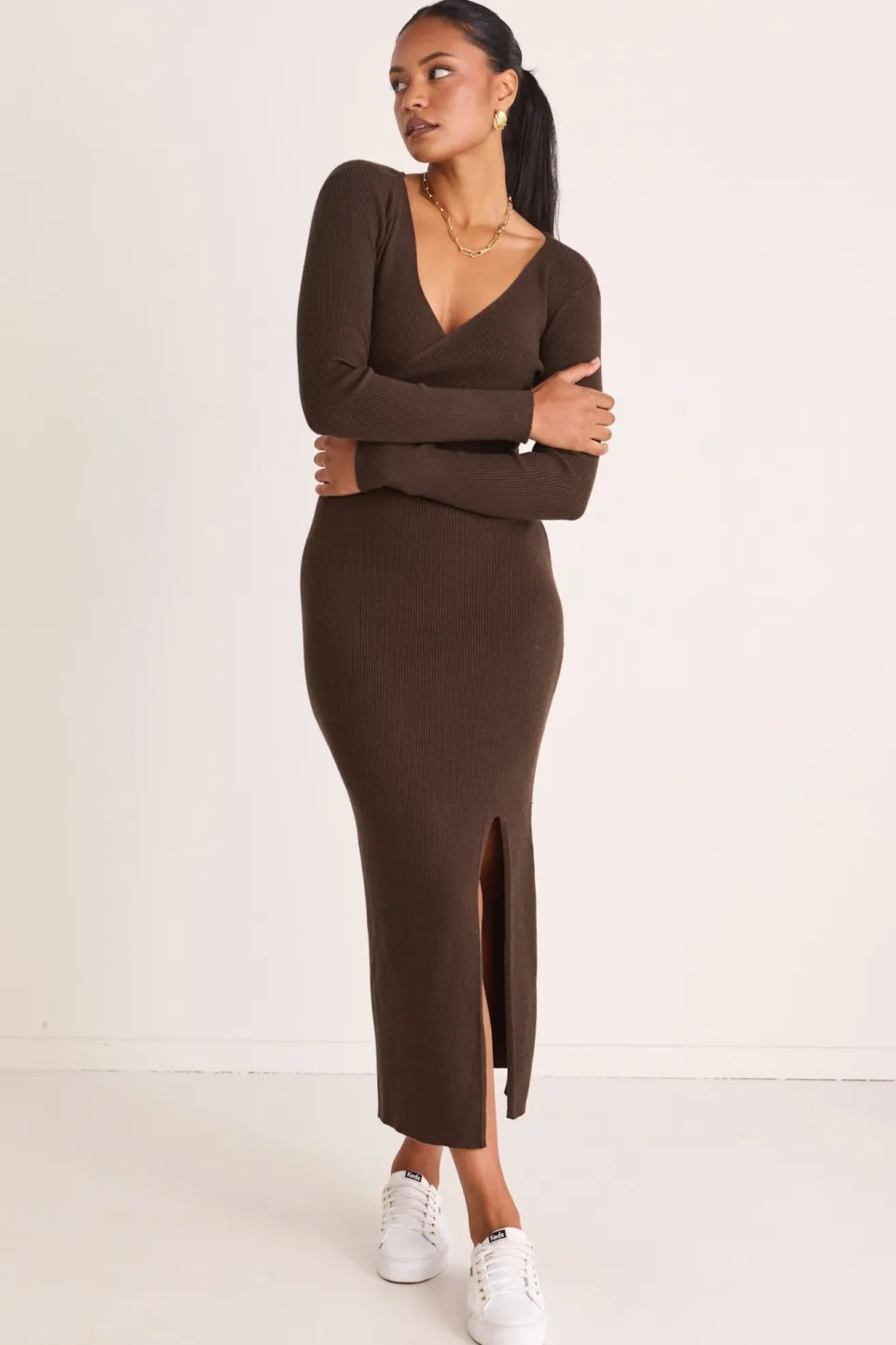 Among the Brave Another Dark Khaki Wrap Rib Knit Maxi Dress