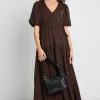 Among the Brave Aphrodite Espresso Hammered Satin SS V Neck Midi Dress