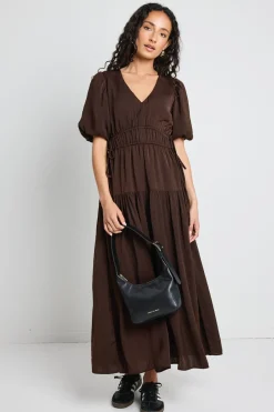 Among the Brave Aphrodite Espresso Hammered Satin SS V Neck Midi Dress