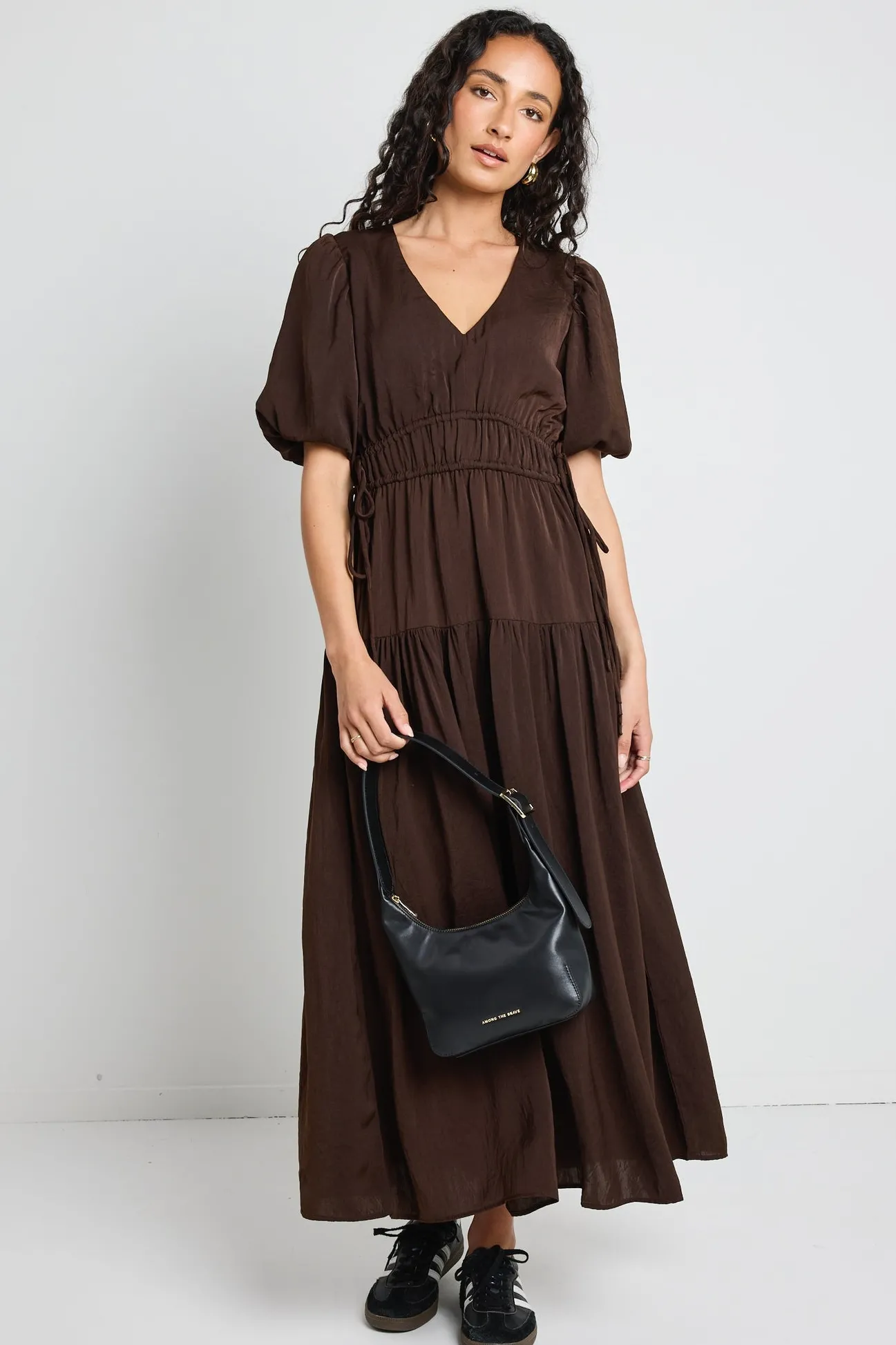 Among the Brave Aphrodite Espresso Hammered Satin SS V Neck Midi Dress