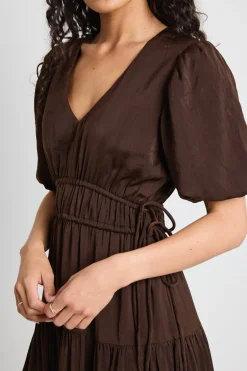 Among the Brave Aphrodite Espresso Hammered Satin SS V Neck Midi Dress