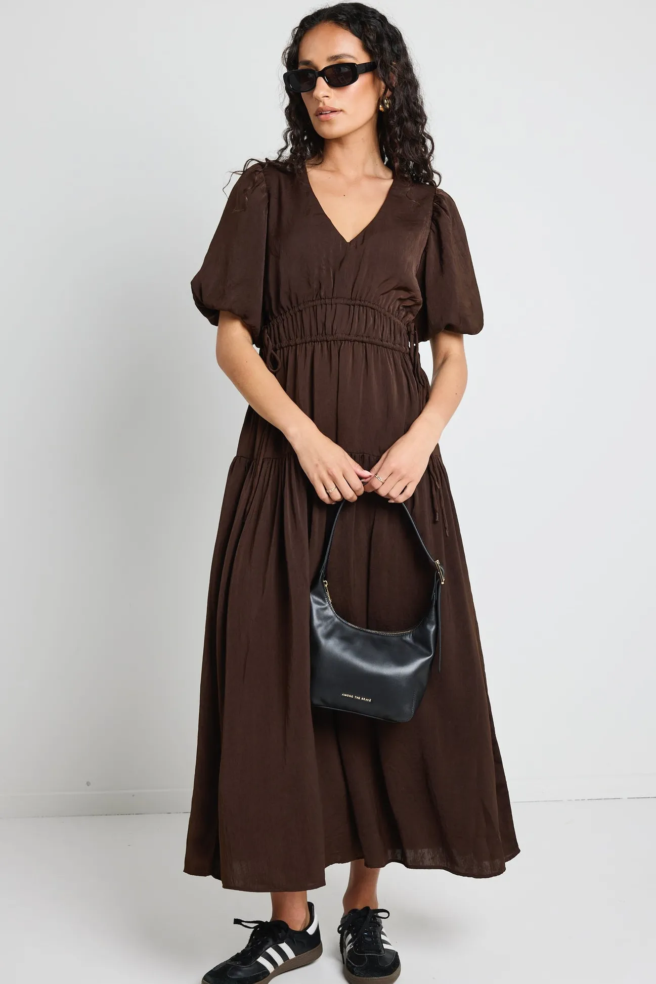 Among the Brave Aphrodite Espresso Hammered Satin SS V Neck Midi Dress