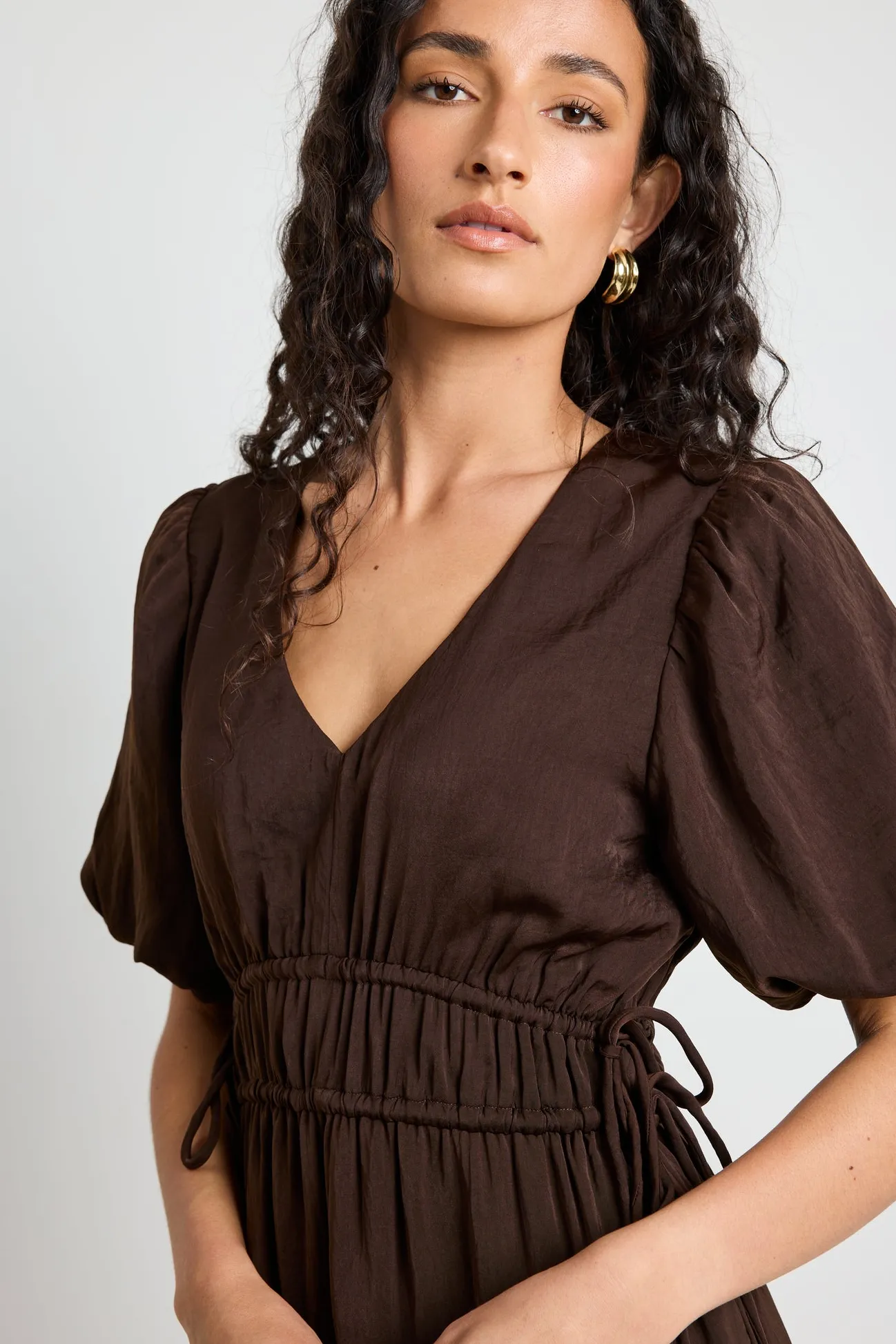 Among the Brave Aphrodite Espresso Hammered Satin SS V Neck Midi Dress