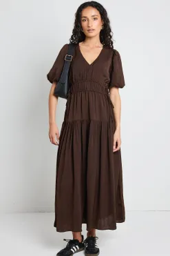 Among the Brave Aphrodite Espresso Hammered Satin SS V Neck Midi Dress
