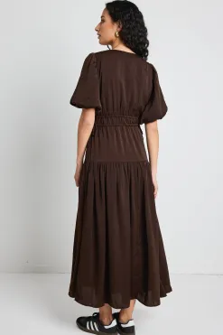 Among the Brave Aphrodite Espresso Hammered Satin SS V Neck Midi Dress