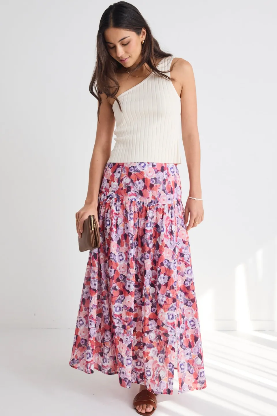 Ivy + Jack Aquarius Lilac Meadows Tiered Split Front Maxi Skirt