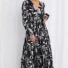 Stories be Told Aria Black & White LS V Neck Tiered Maxi Dress