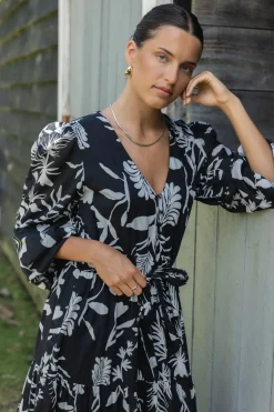 Stories be Told Aria Black & White LS V Neck Tiered Maxi Dress