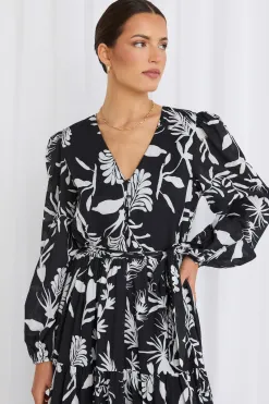 Stories be Told Aria Black & White LS V Neck Tiered Maxi Dress
